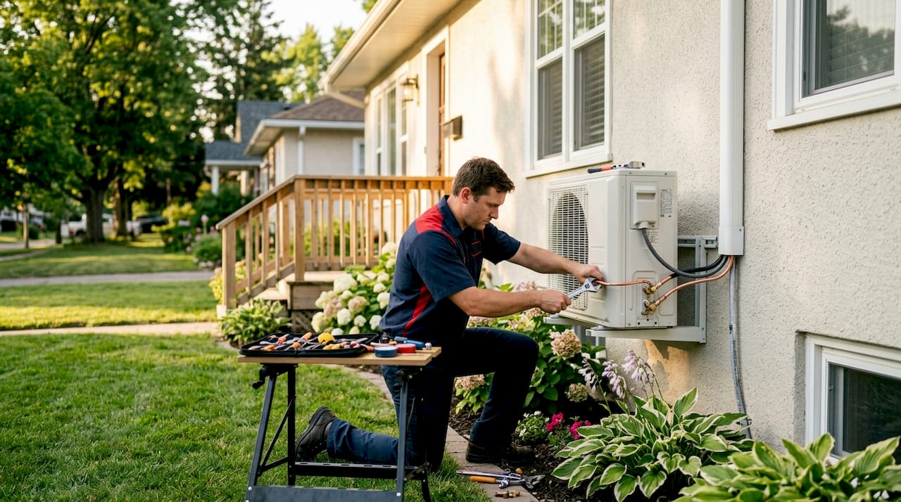 HVAC technician installing outdoor mini split compressor