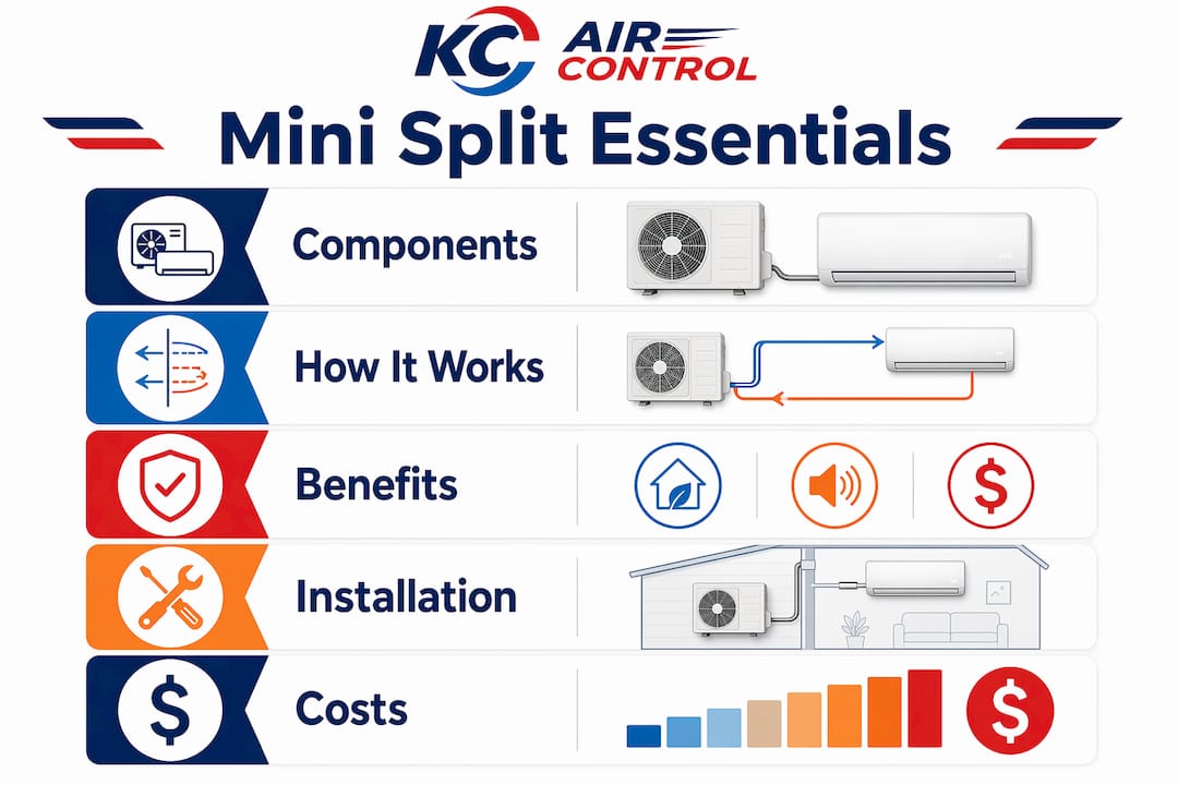 Infographic depicting mini split system essentials and steps