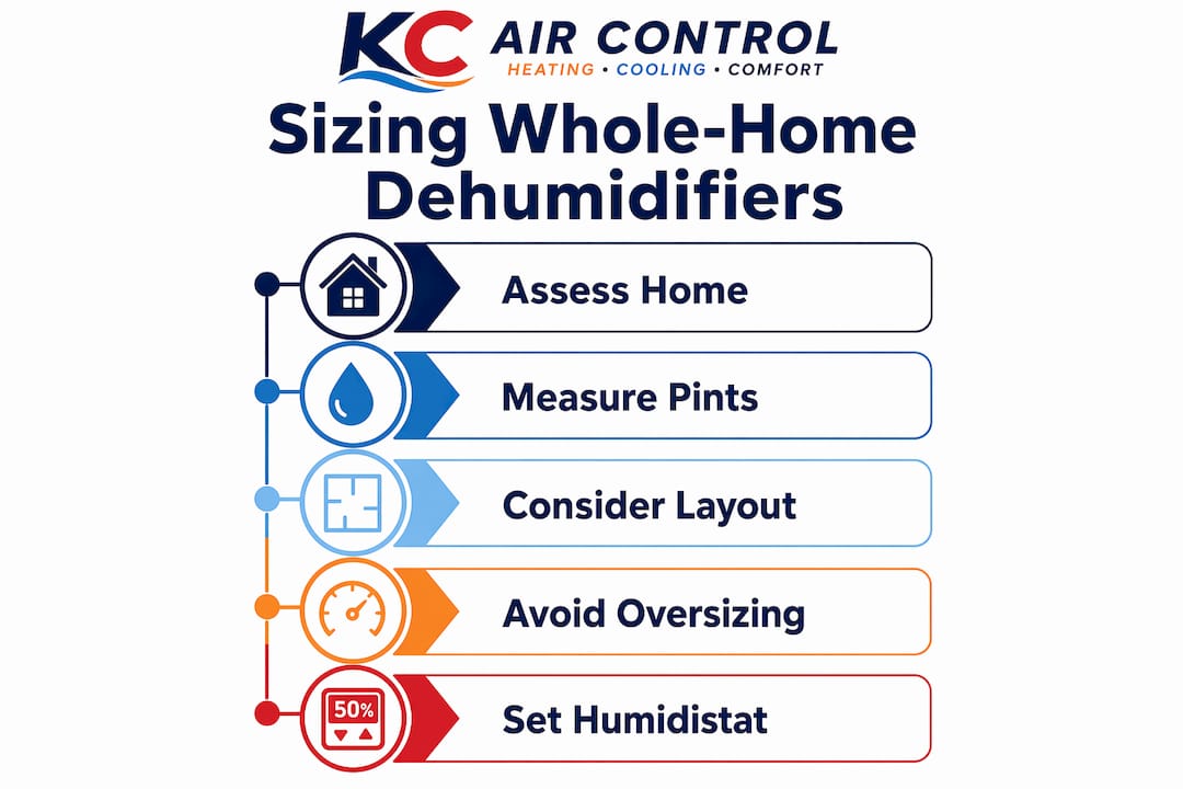 Infographic outlining steps to size whole-home dehumidifier correctly