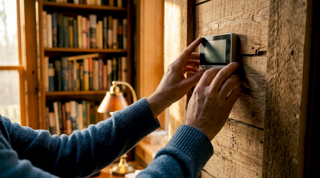 Hands adjusting humidistat control panel on wall