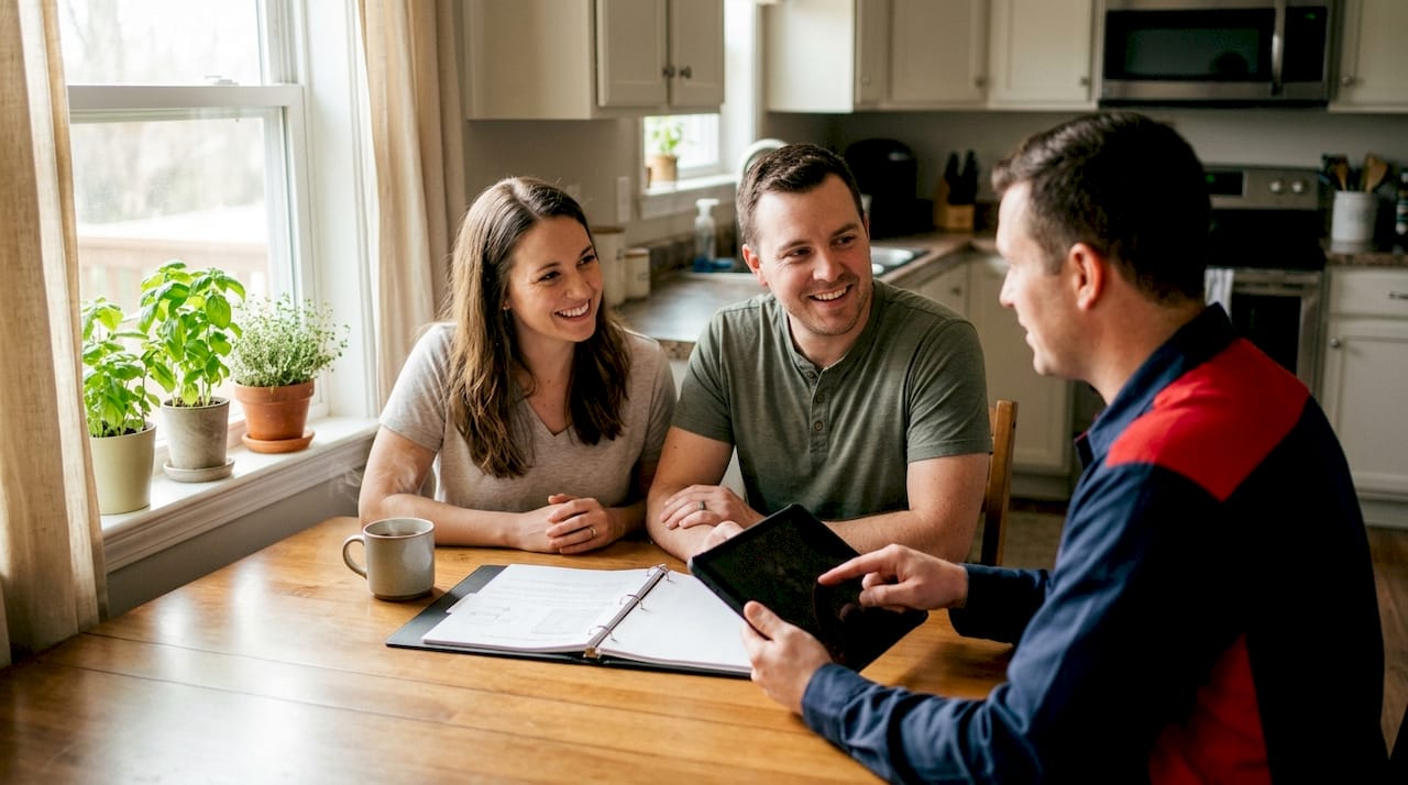 HVAC technician discussing payment options with homeowners