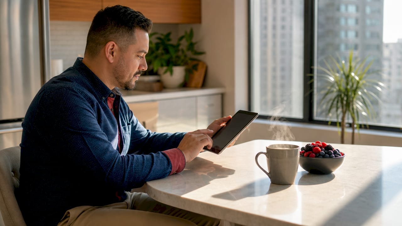 Man reviewing energy data on tablet at kitchen table