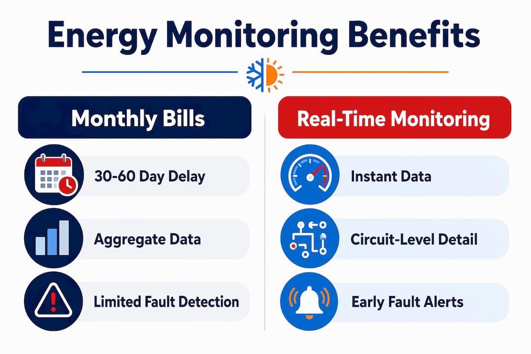Infographic comparing monthly bills and real-time monitoring benefits