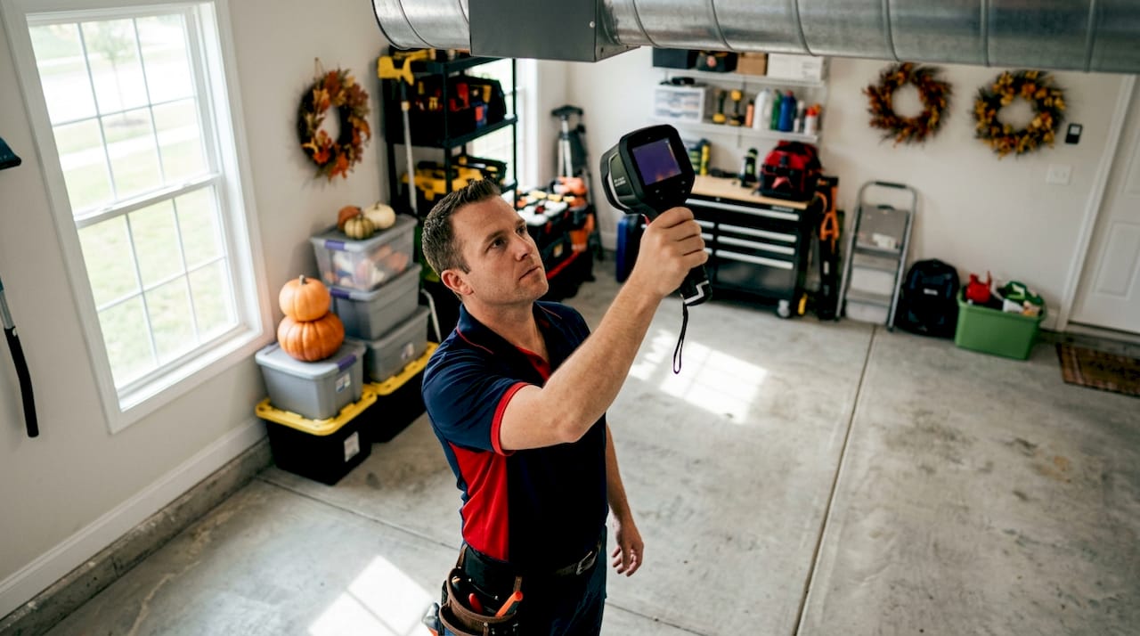 Technician conducting home energy audit in attic