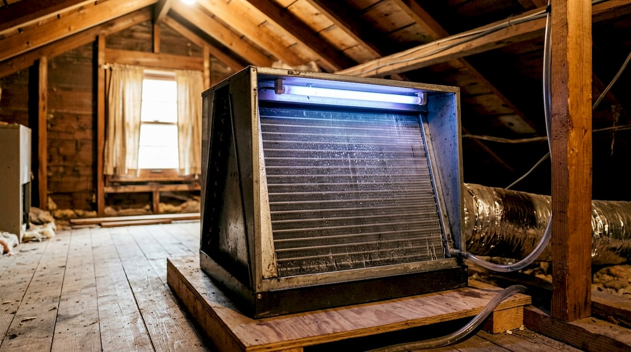 Close-up of UV light sanitizing HVAC coil