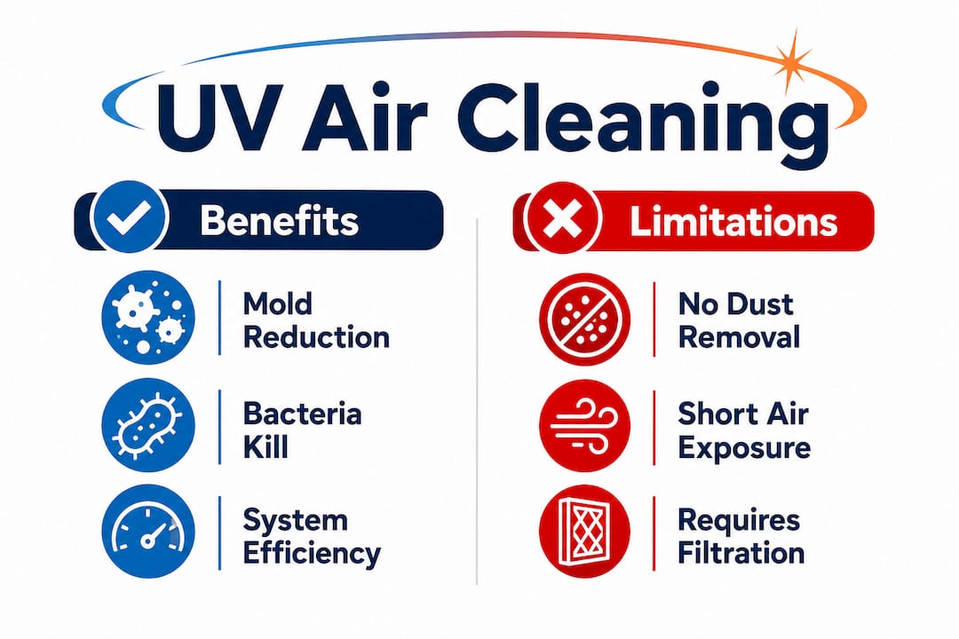 Infographic comparing UV air cleaning benefits and limitations
