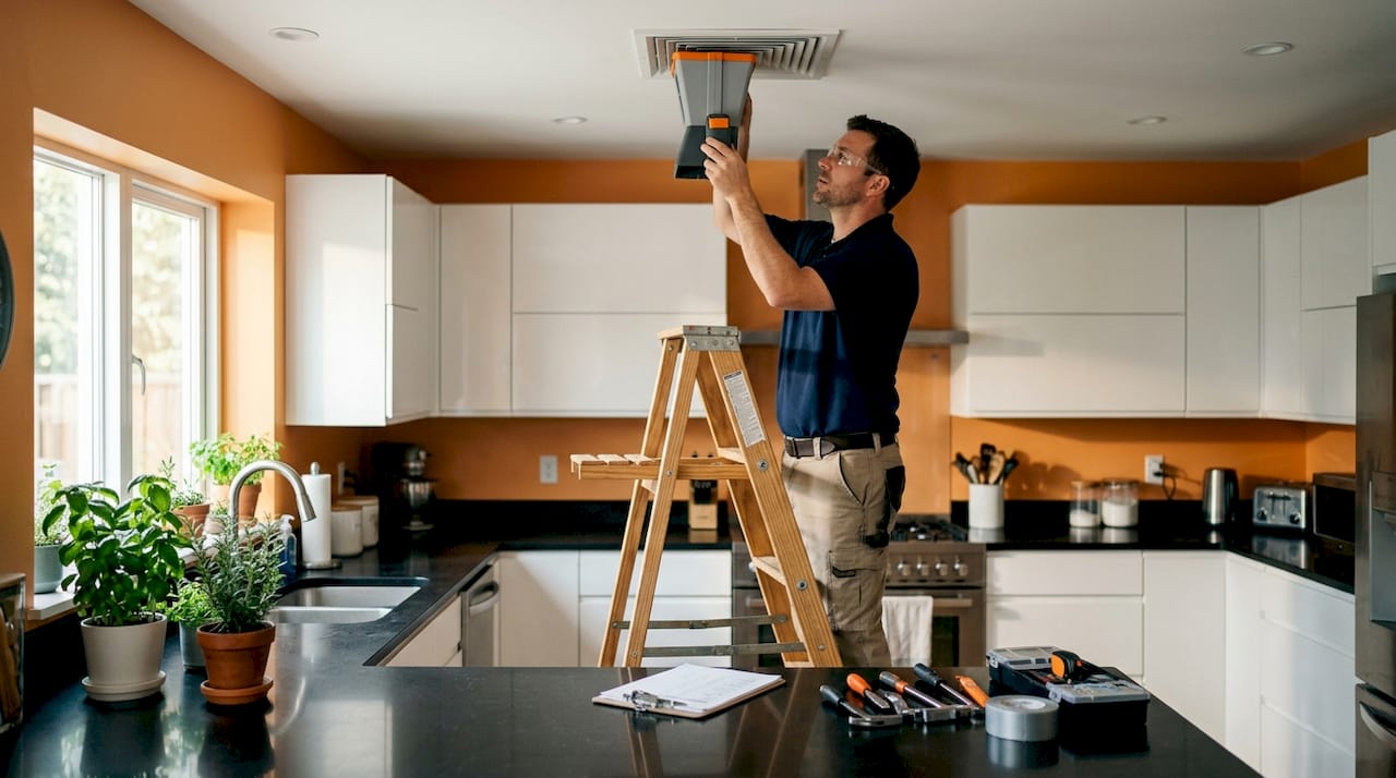 Technician using flow hood at ceiling vent