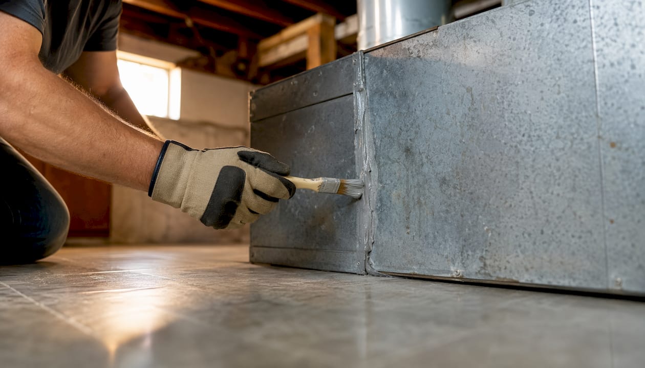 Hands sealing HVAC duct seam with mastic