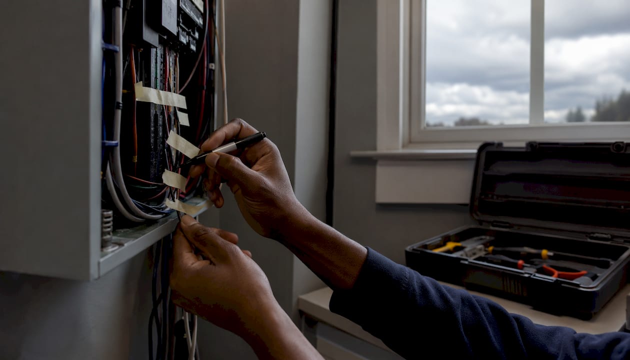 Hands labeling thermostat wiring with masking tape