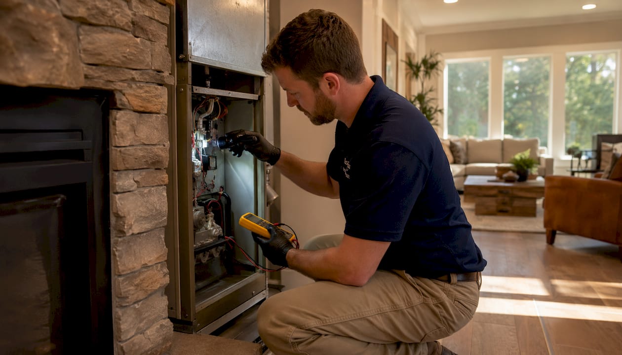 Technician repairing home furnace in basement