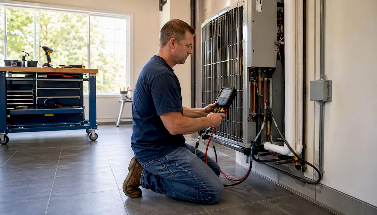 Close-up of HVAC commissioning gauges and homeowner’s hands