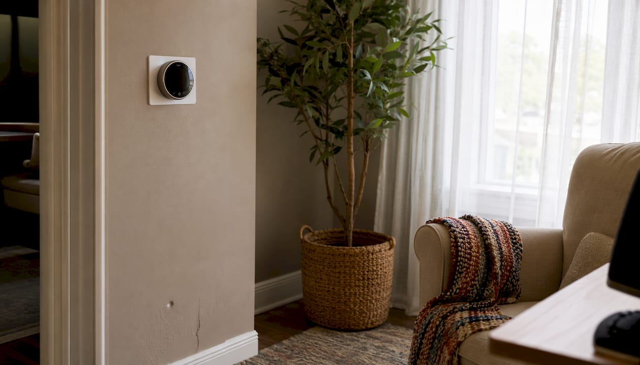 Smart thermostat installed in living room corner