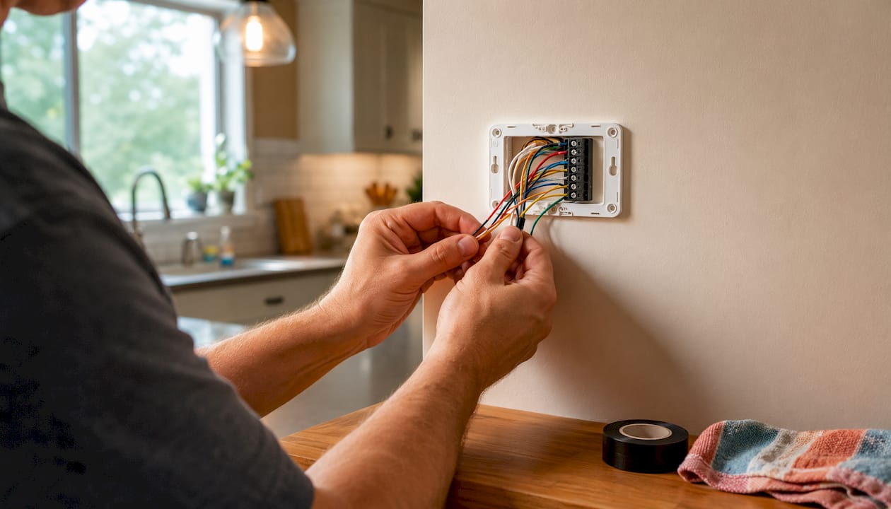 Hands organizing thermostat wires before installation