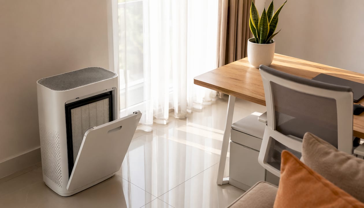 Close-up HEPA air purifier in living room