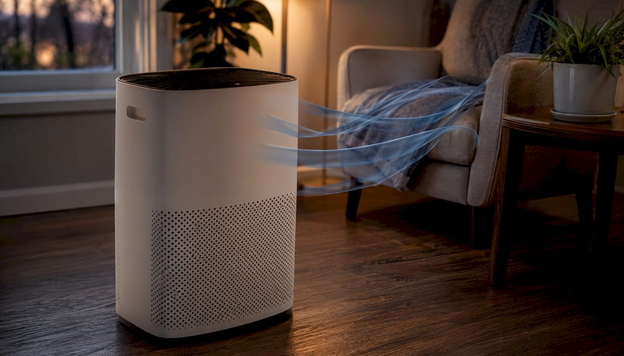 Overhead view of air purifier airflow in office