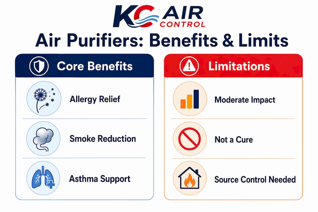 Infographic contrasting air purifier benefits and limitations