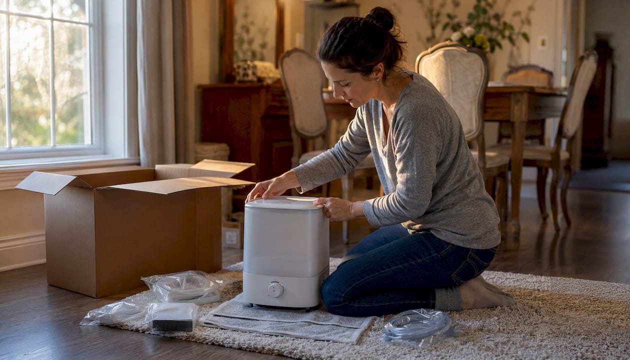 Hands unboxing humidifier on side table