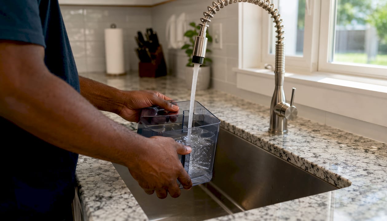 Hands filling humidifier tank with distilled water