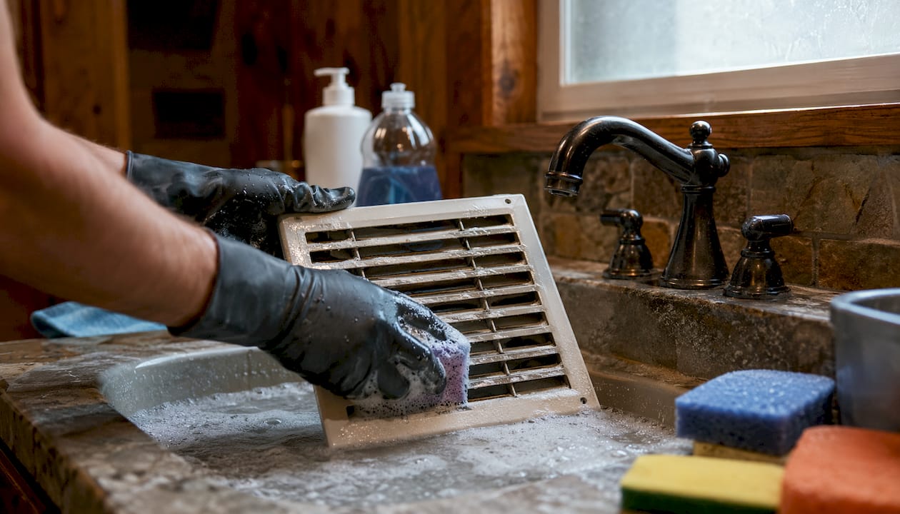Hands cleaning vent cover in kitchen sink