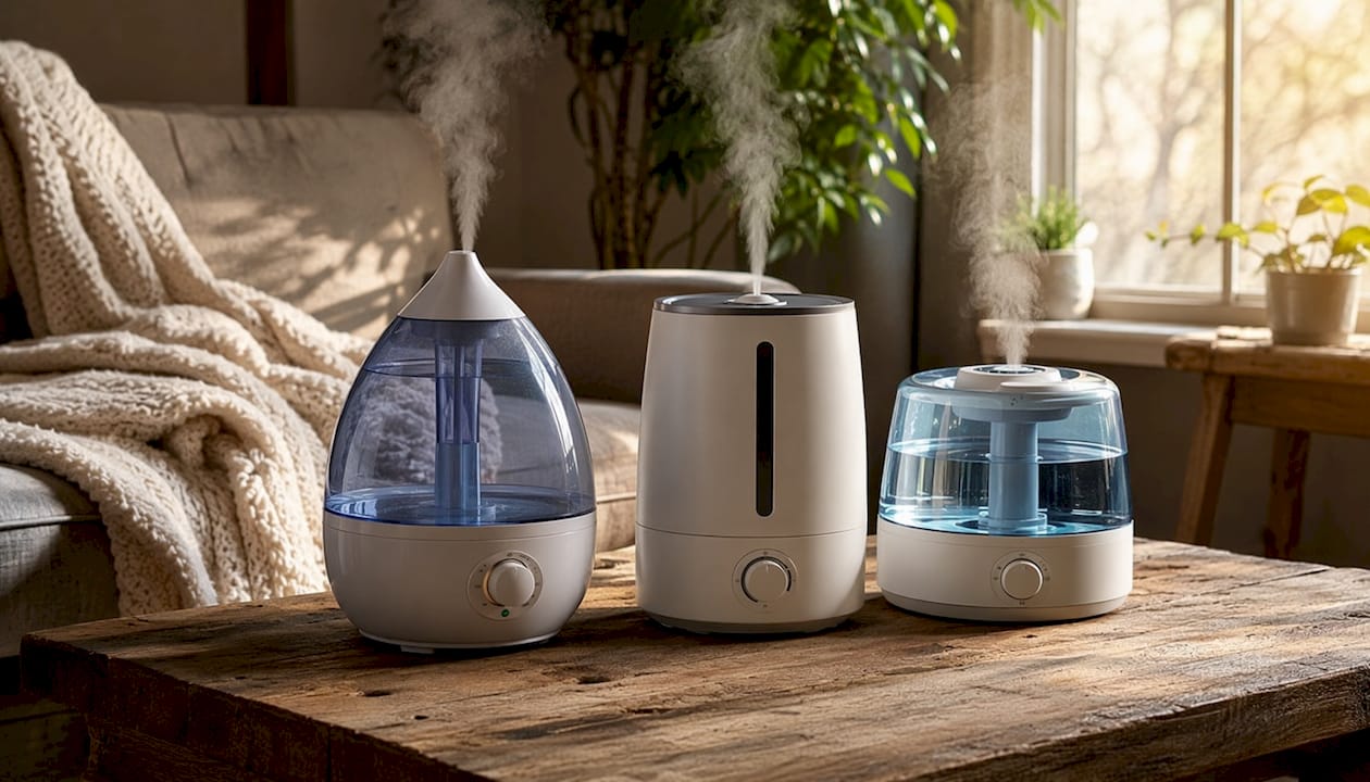Various humidifier types on kitchen counter