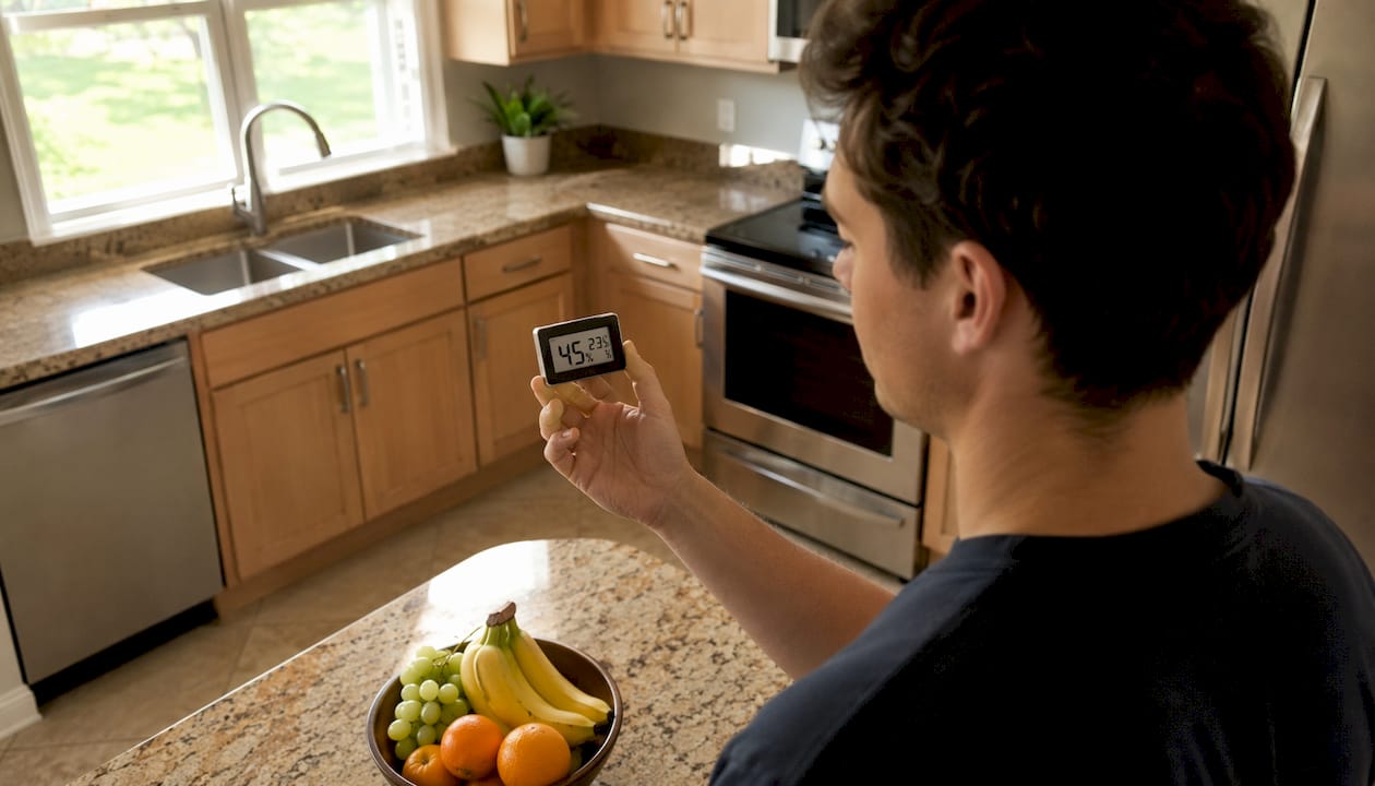 Person checking digital hygrometer in home office