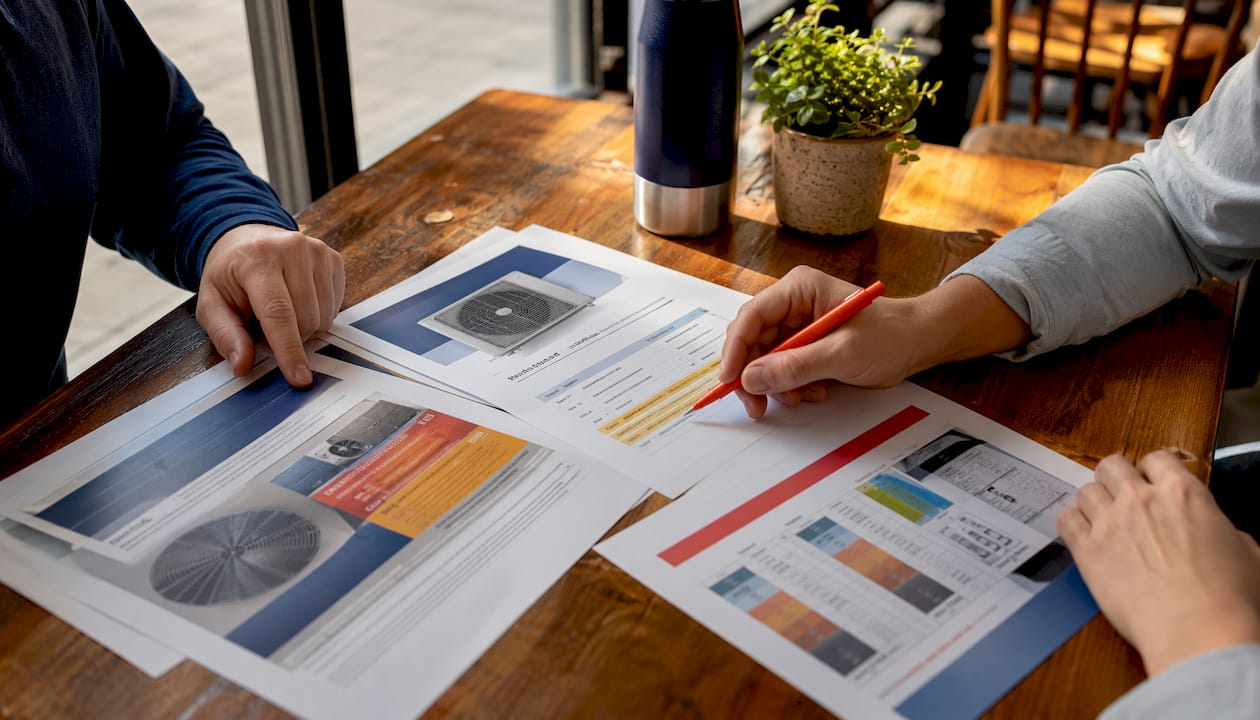 Hands pointing at SEER2 versus EER brochure in office