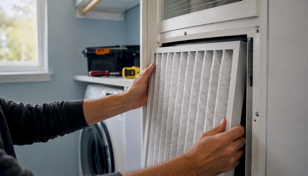 Hands installing new air filter