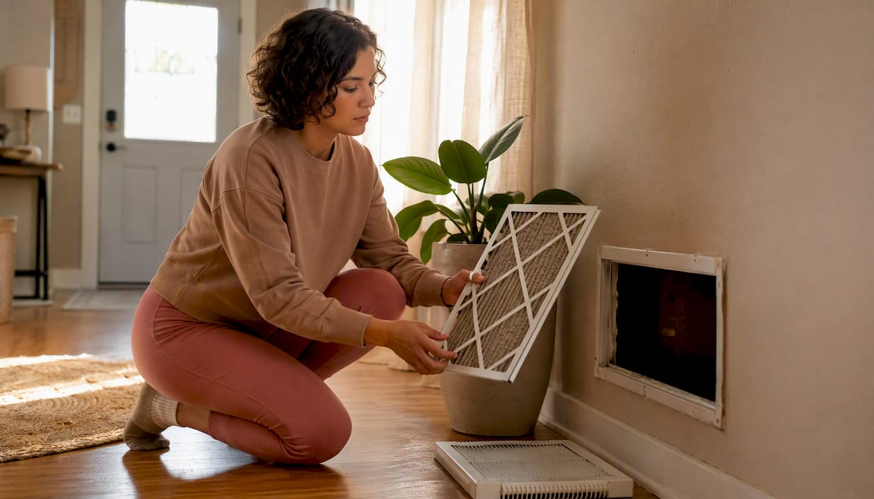 Woman inspecting return air vent filter