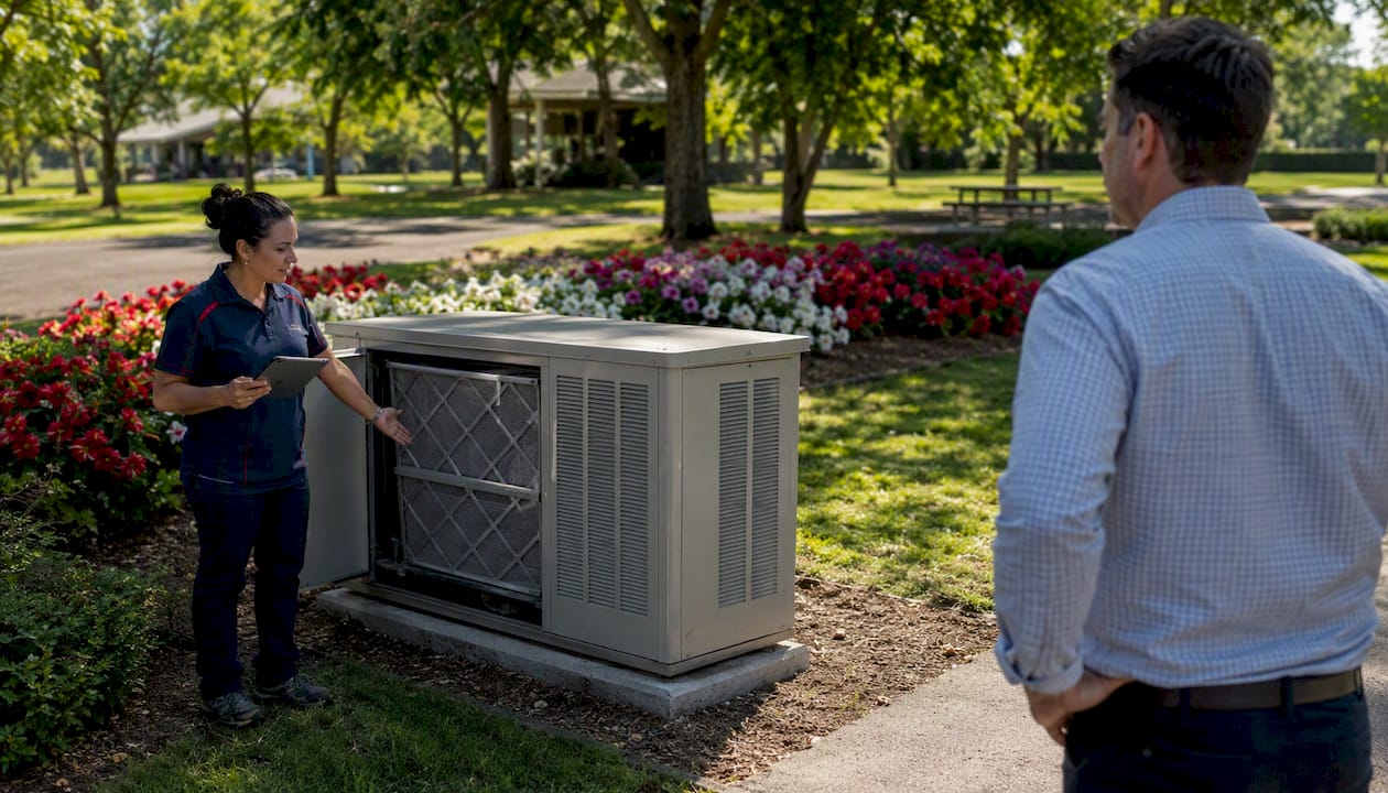 HVAC technician discussing filter replacement