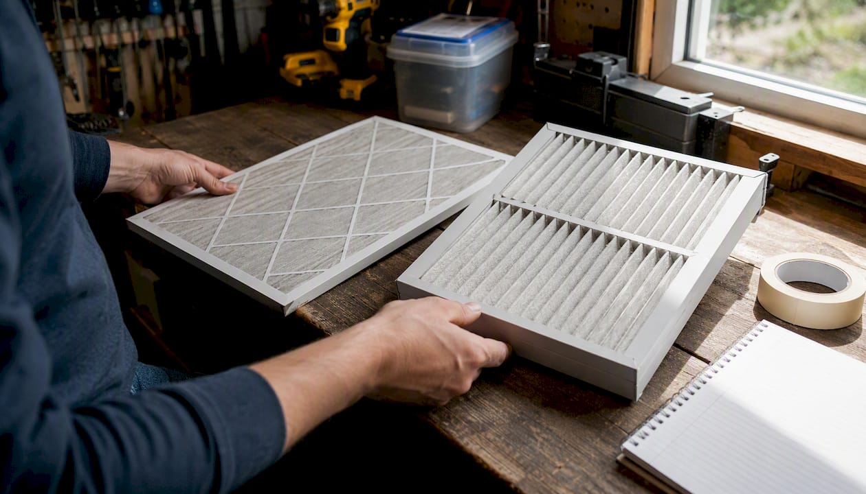 Hands comparing HVAC filters for MERV rating