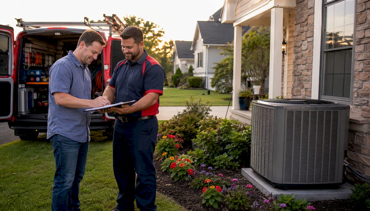 Homeowner signing HVAC agreement with installer outdoors