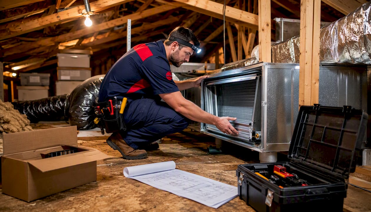 Technician installing Goodman indoor HVAC coil