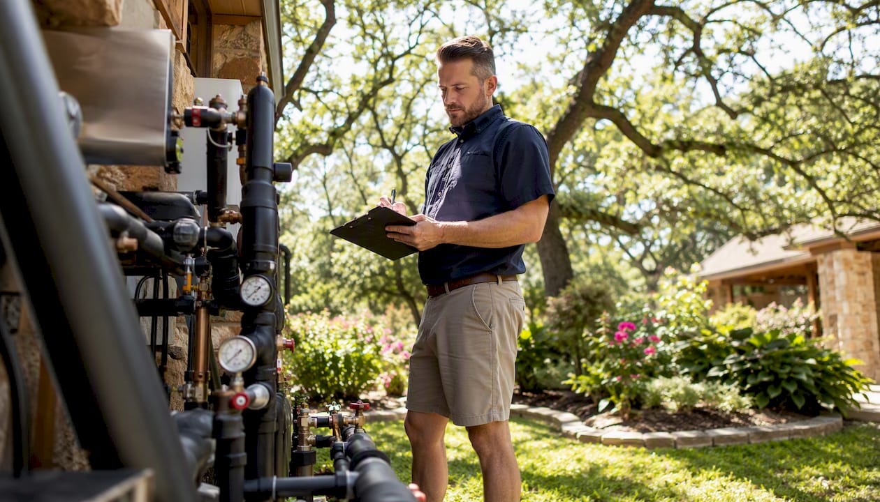 IGSHPA technician inspecting geothermal loop outdoors