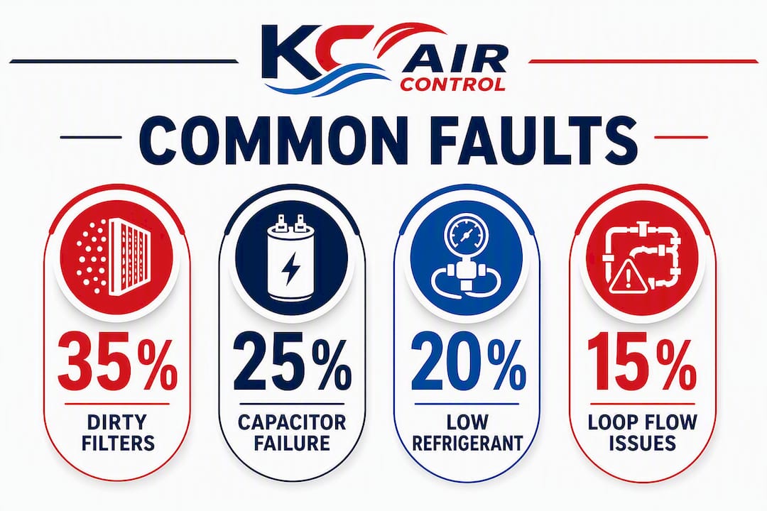 Infographic showing common geothermal heat pump faults percentages