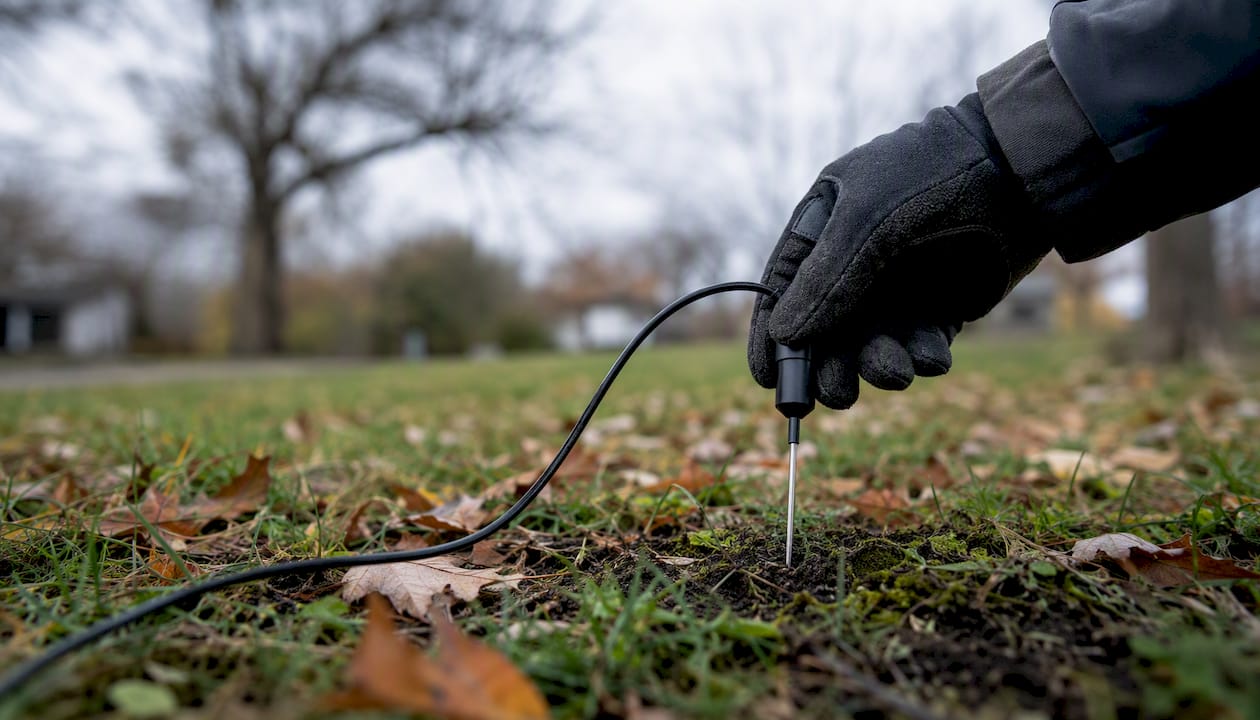 Hand measuring soil temperature in yard