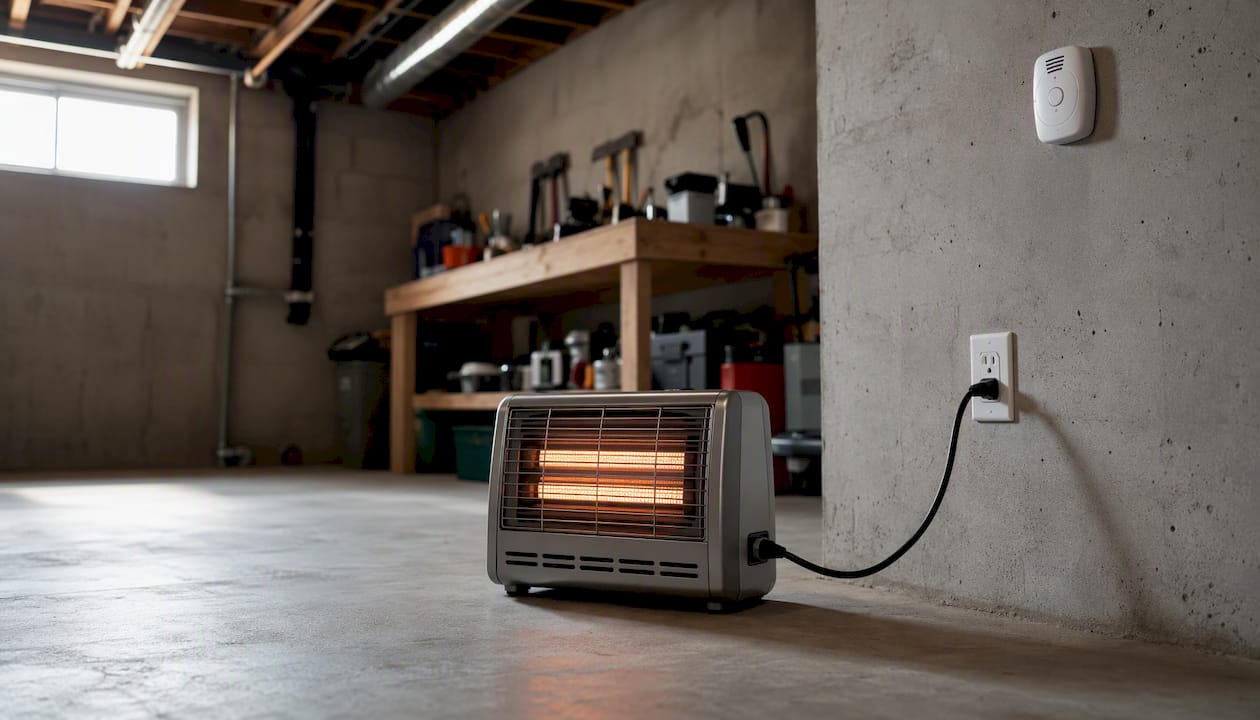 Space heater running safely during a garage test