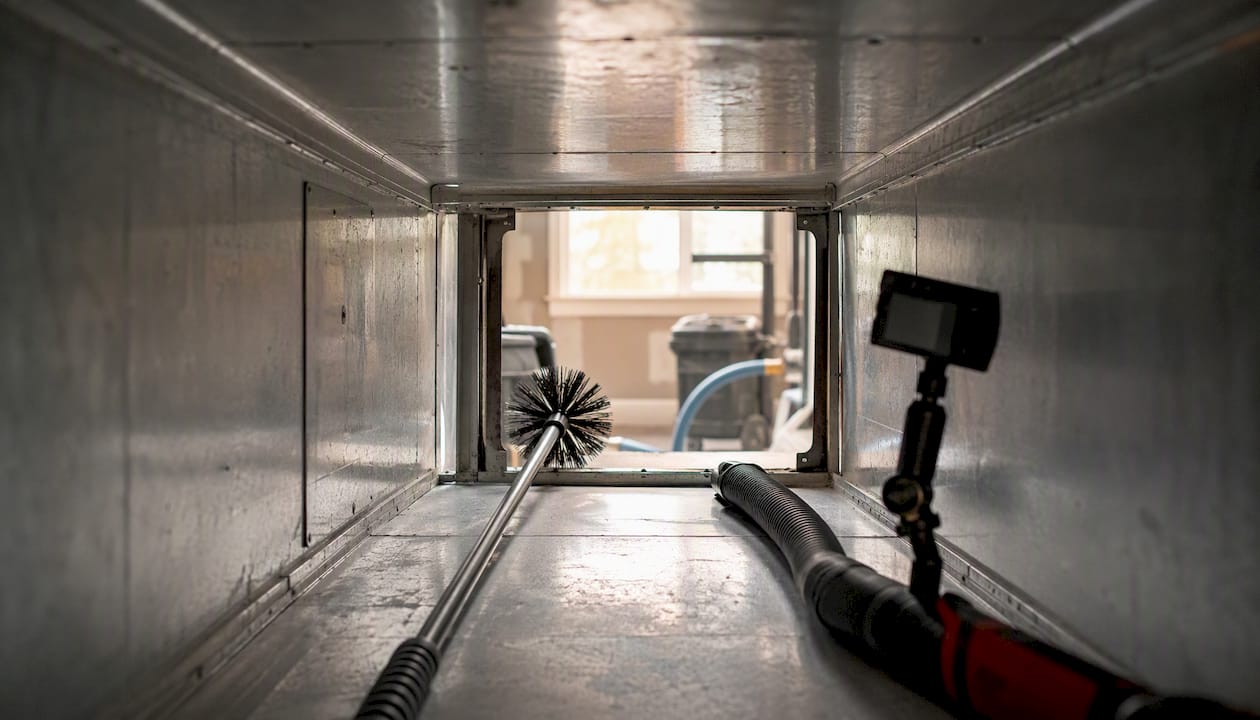 Air duct interior with cleaning tools