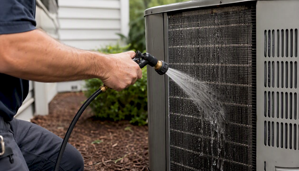 Technician cleaning outdoor AC condenser coils
