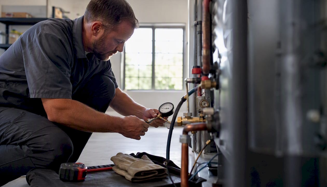 Technician measuring HVAC cooling system pressure