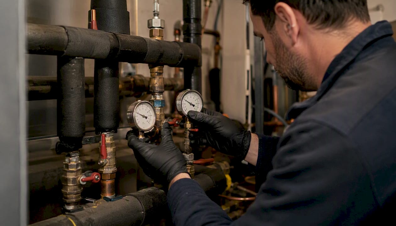 Technician checking pressure gauges on geothermal system
