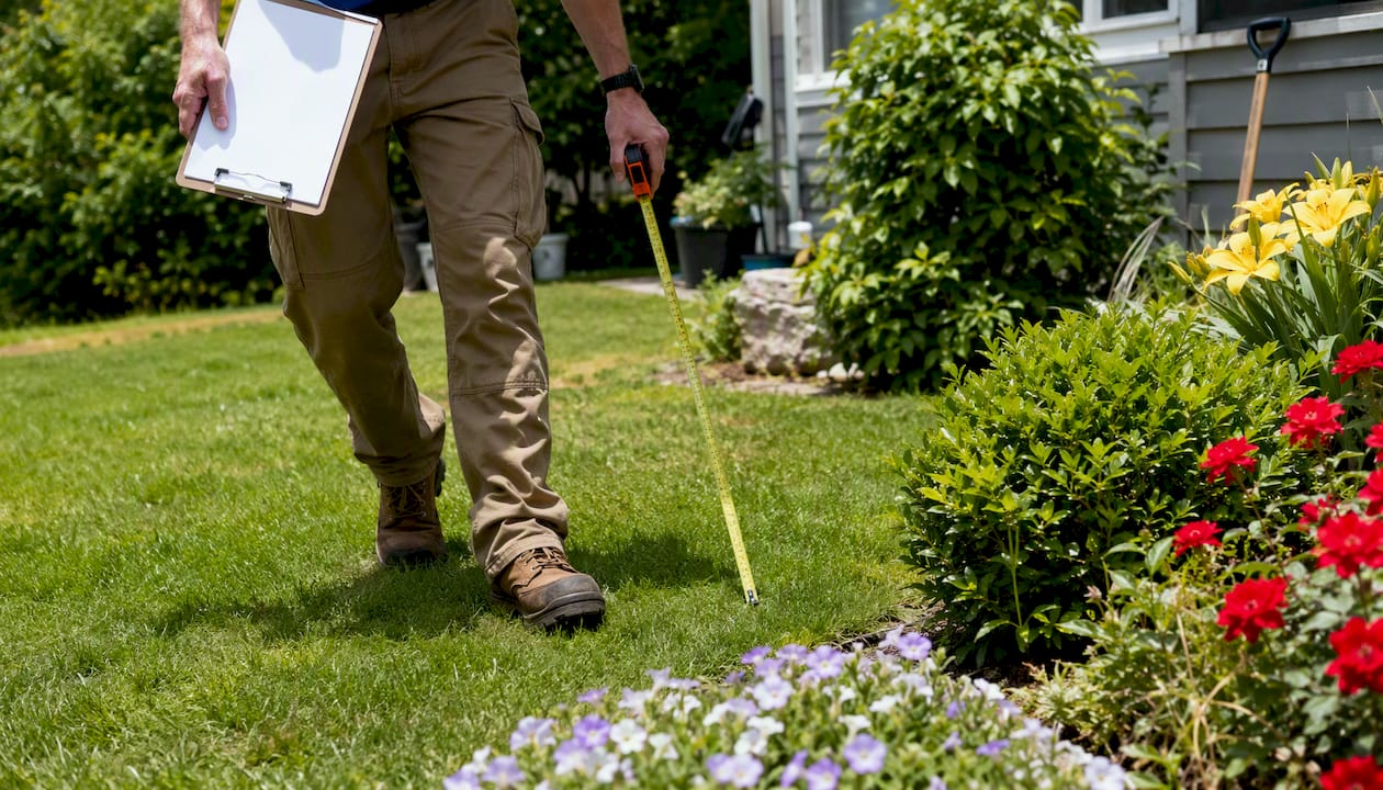 Technician measuring yard for geothermal installation