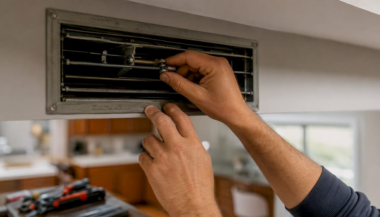 Hands adjusting residential HVAC air vent damper