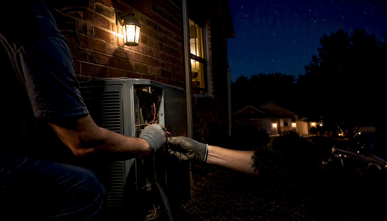 Technician repairing AC unit at night