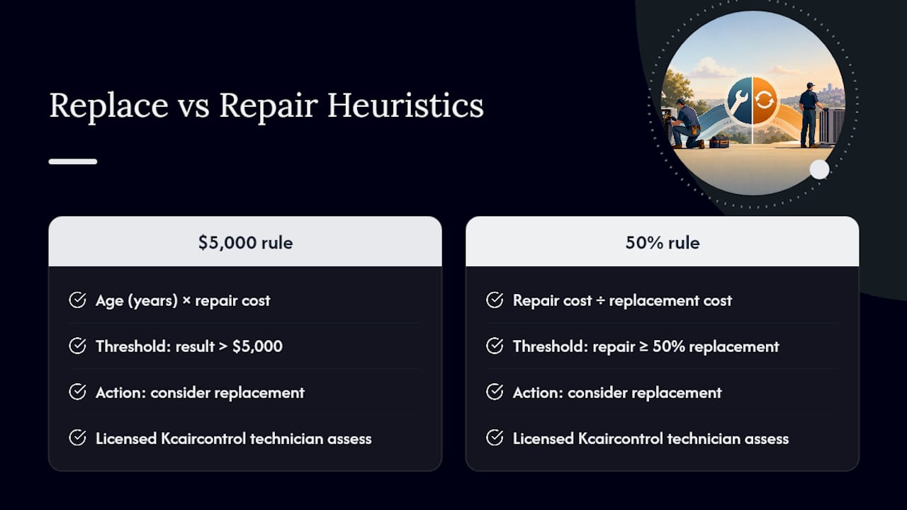 Diagram explaining HVAC repair versus replacement cost rules