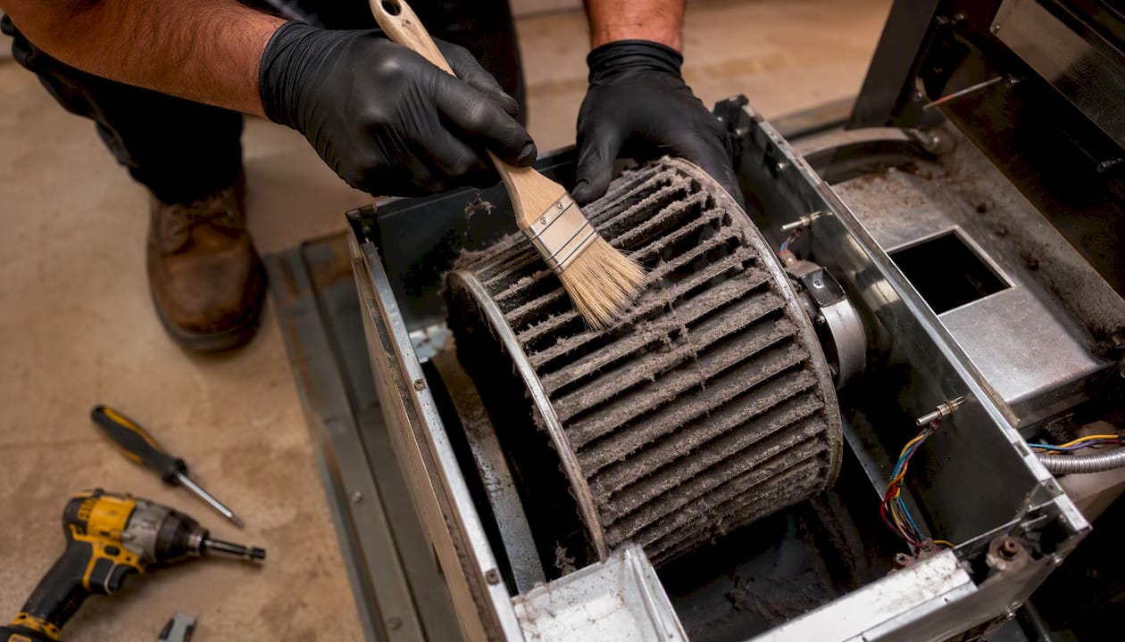 Technician cleaning dusty blower wheel