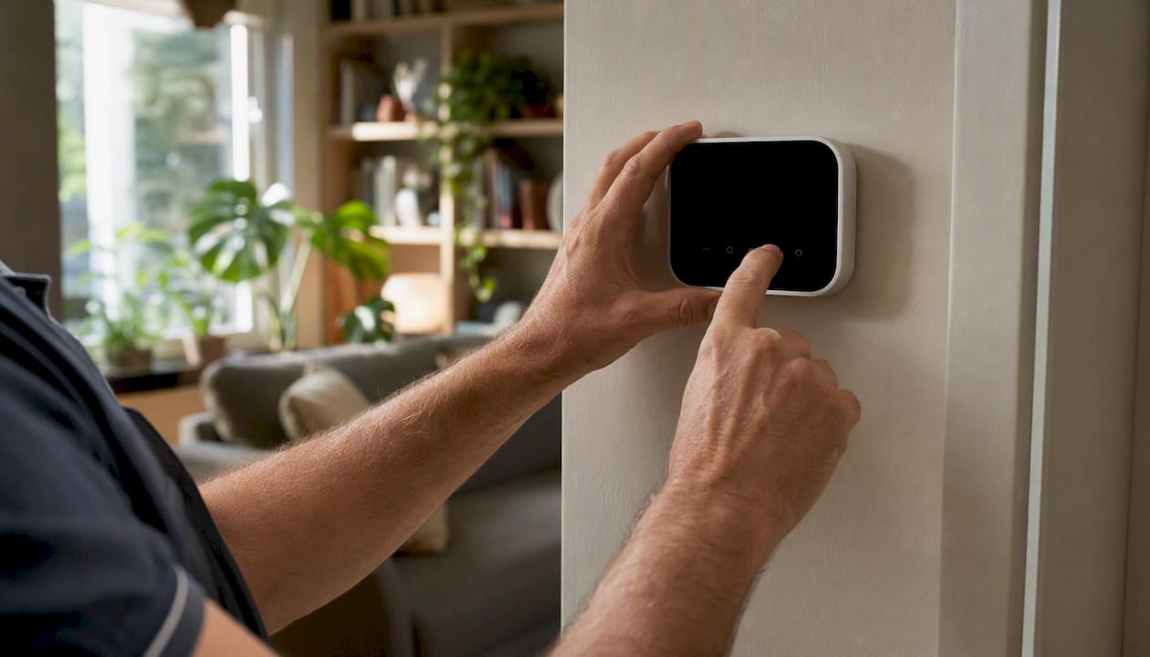 Hands adjusting home thermostat