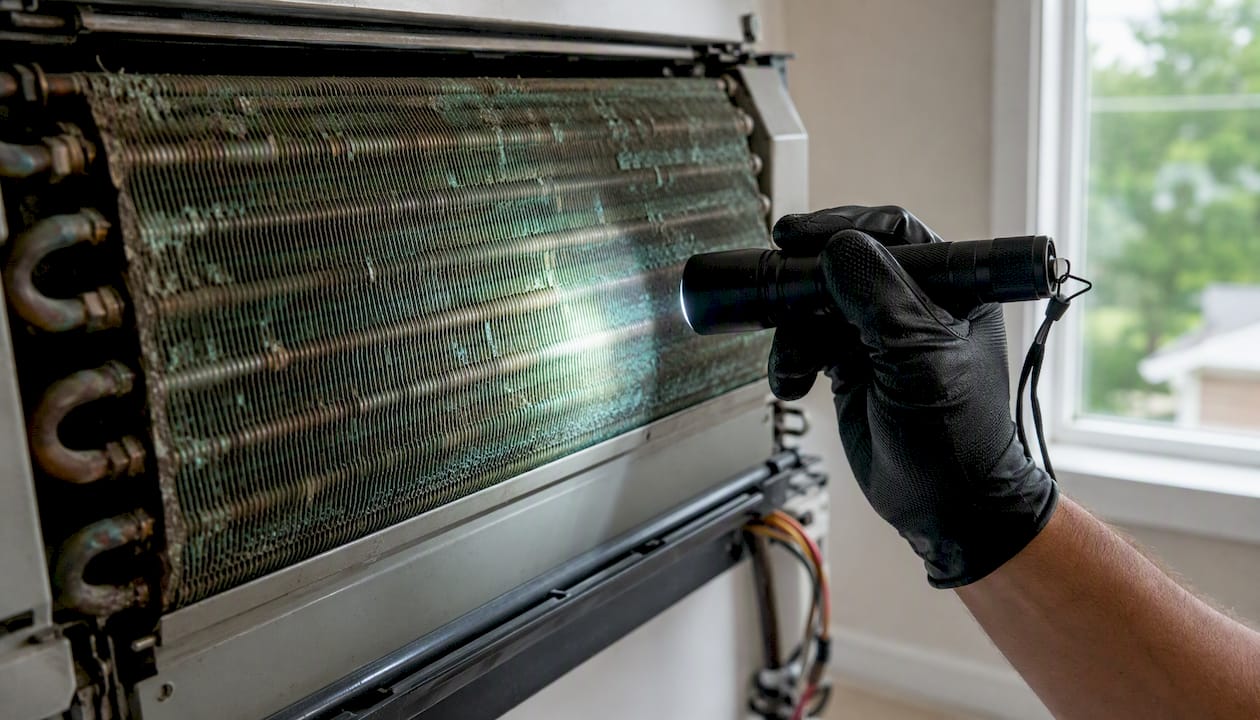 Close-up of corroded HVAC evaporator coil