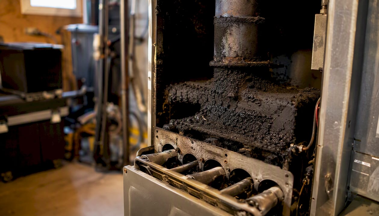 Soot buildup on furnace burner and flue