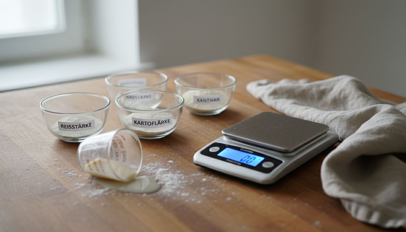 Glutenfreie Backzutaten übersichtlich auf einem Holzbrett arrangiert