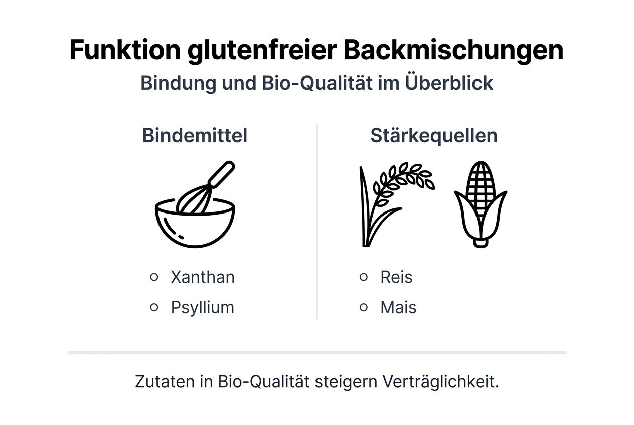 Die Infografik bietet einen Überblick über glutenfreie Grundzutaten und beleuchtet gleichzeitig wichtige Aspekte rund um Bio-Qualität.